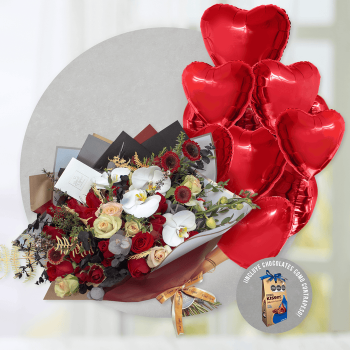 Orquídeas Blancas, Rosas Rojas, Gerbera Roja y Mini Rosas -ALA016-