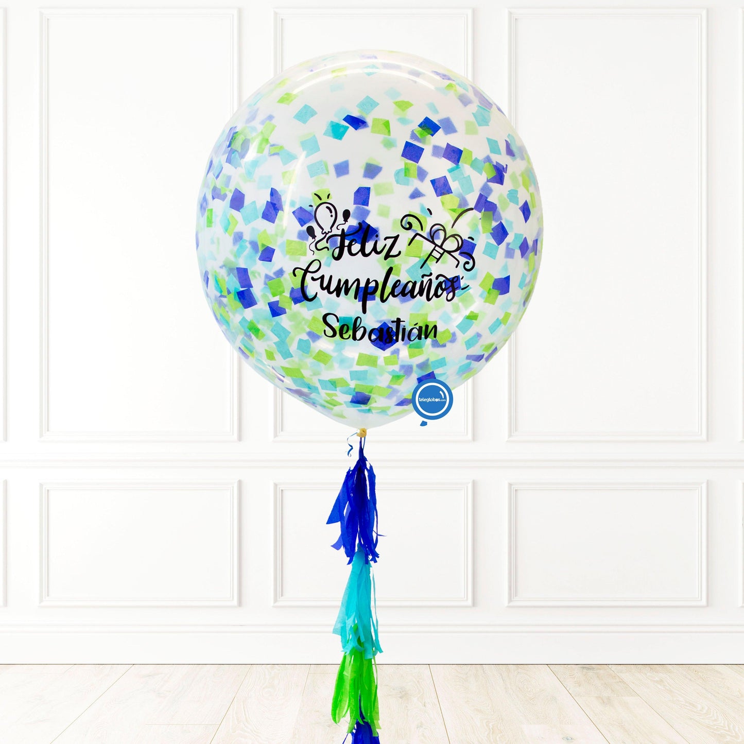 Globo grande/gigante personalizado con confetti -con helio- Azul/Verde Eco*